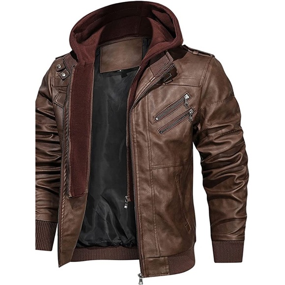 Leather Coat Other - New Men's Removable Hood Vegan Leather Coat